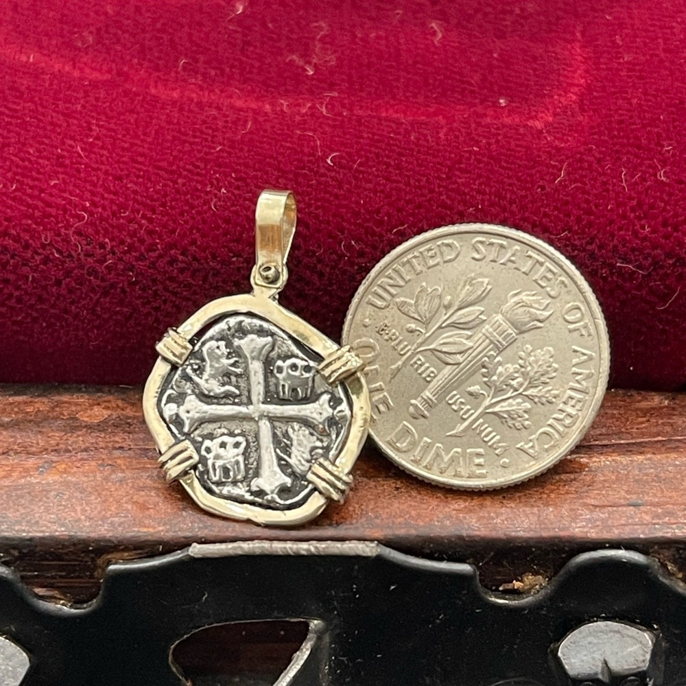 Atocha Shipwreck Treasure Mel fisher silver coin pendant in 14k solid gold bezel